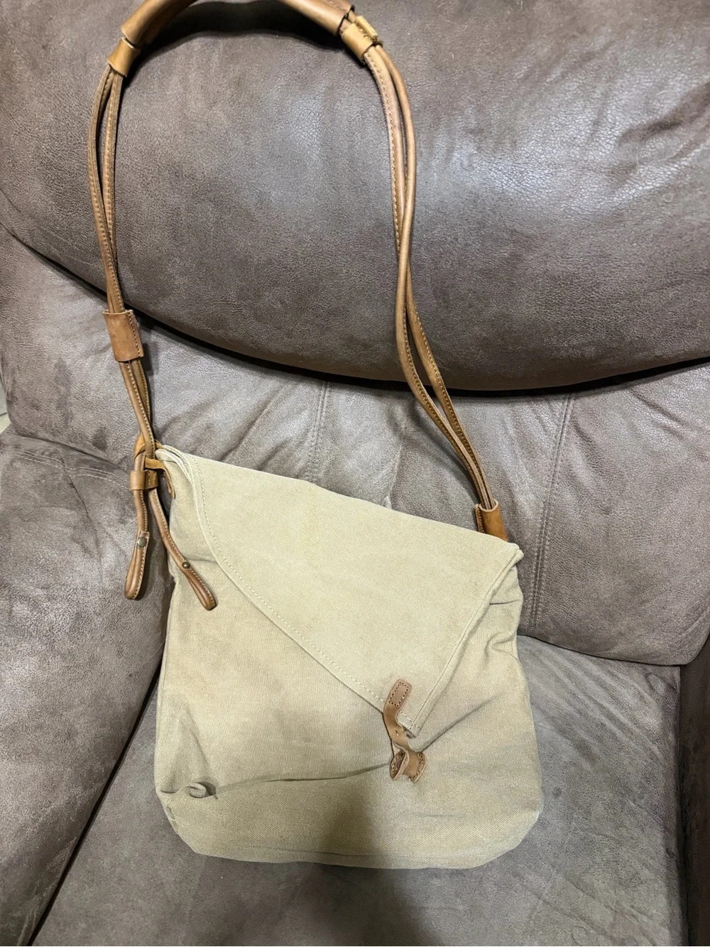 Leather and Canvas Unisex Crossbody Messenger in Light Tan